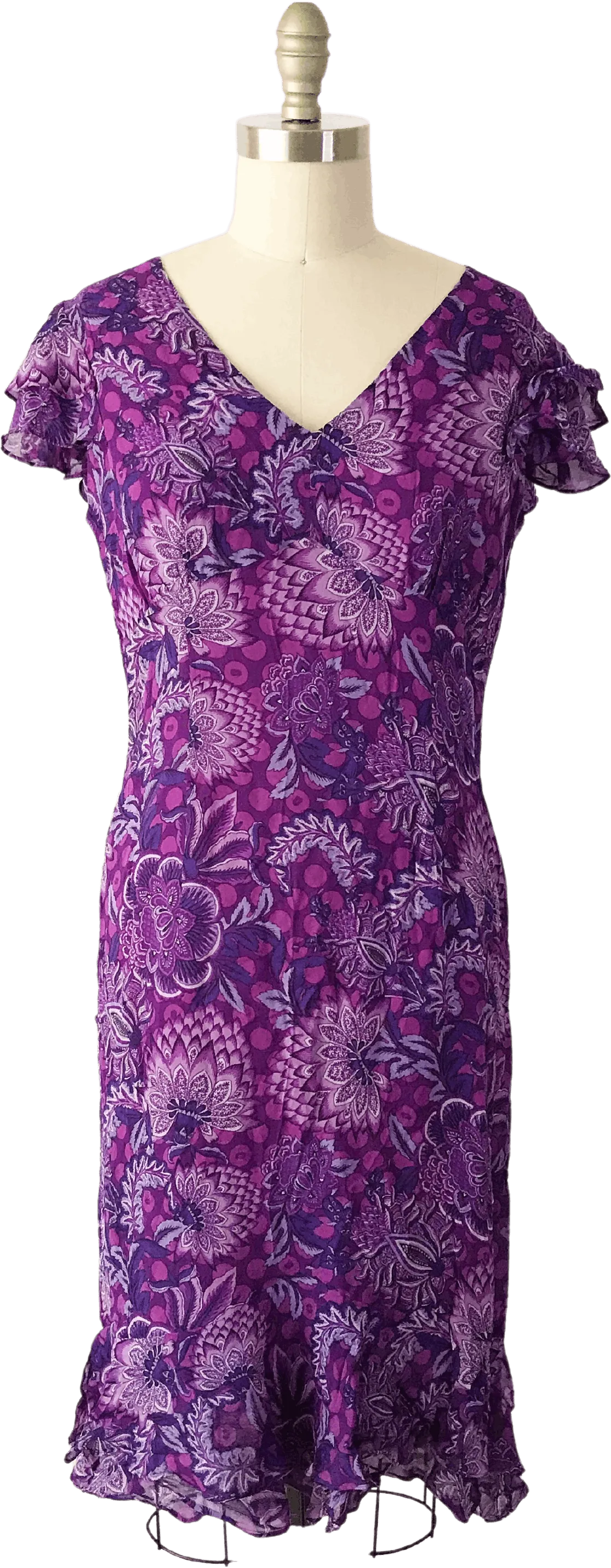 00's Purple Silk Paisley and Polka Dot Dress by Escada