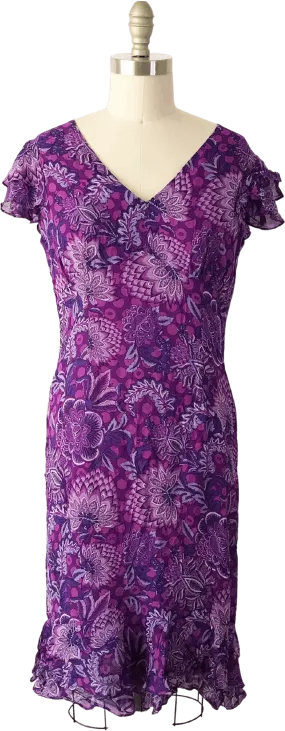 00's Purple Silk Paisley and Polka Dot Dress by Escada