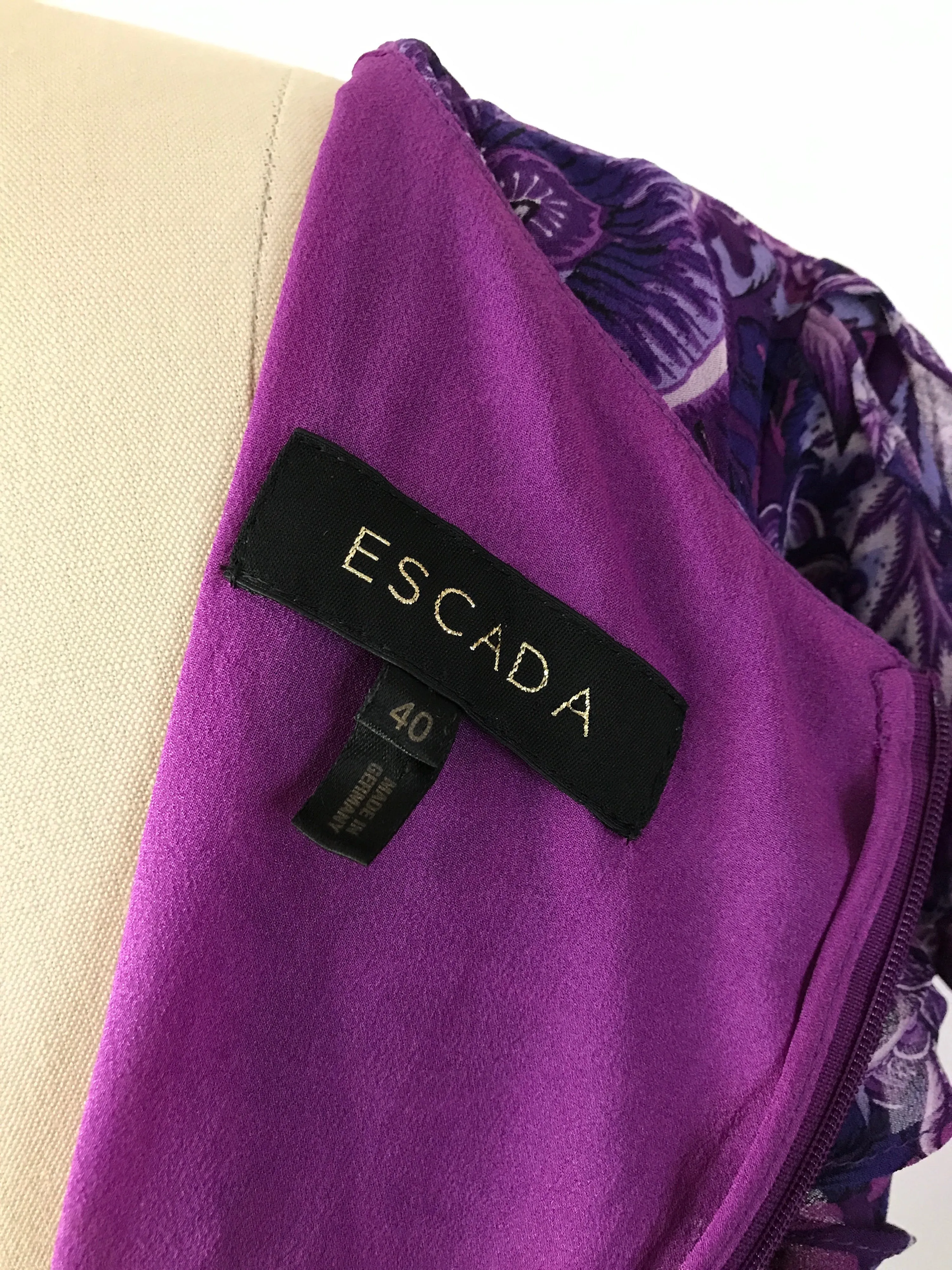 00's Purple Silk Paisley and Polka Dot Dress by Escada