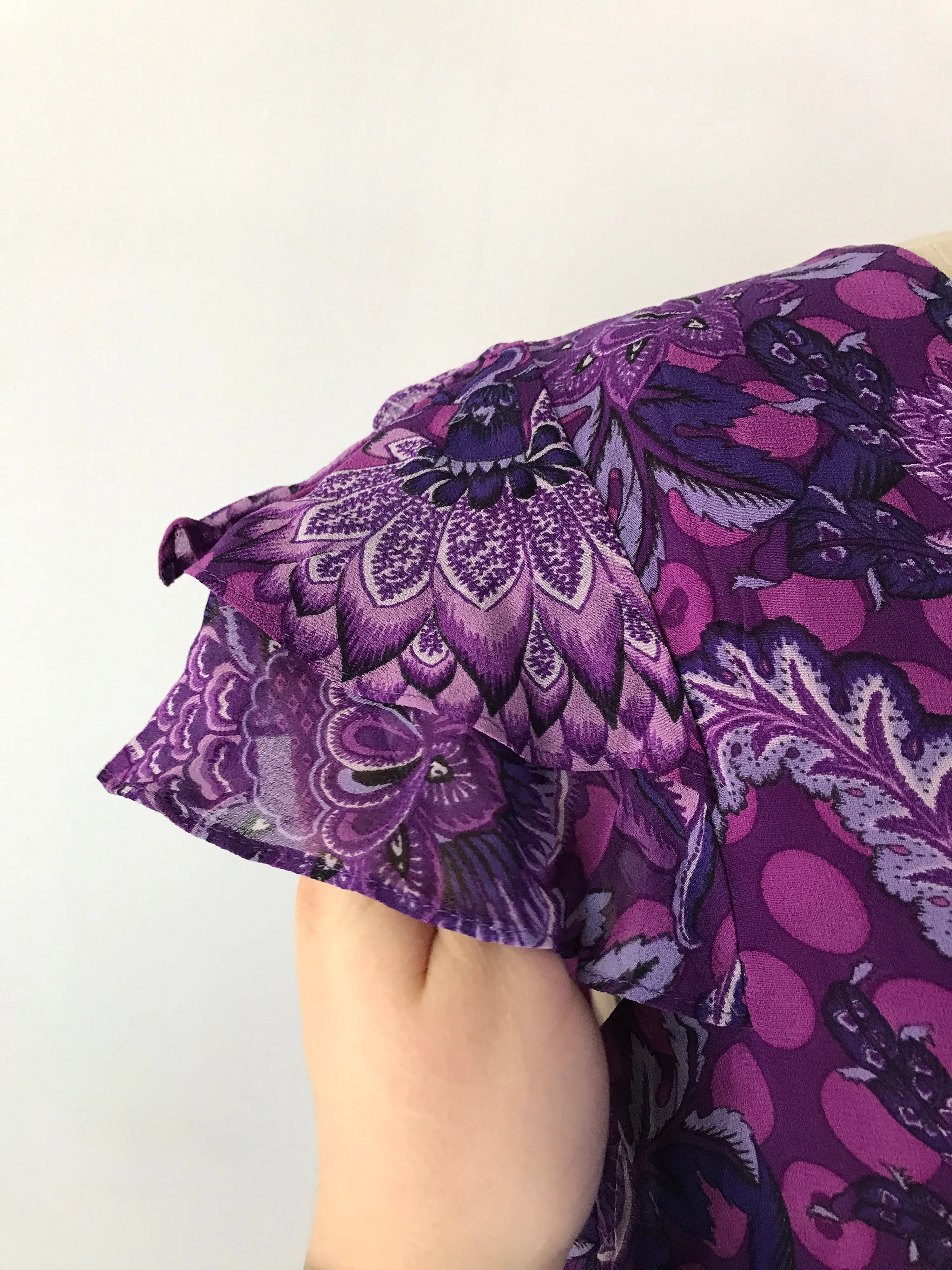 00's Purple Silk Paisley and Polka Dot Dress by Escada