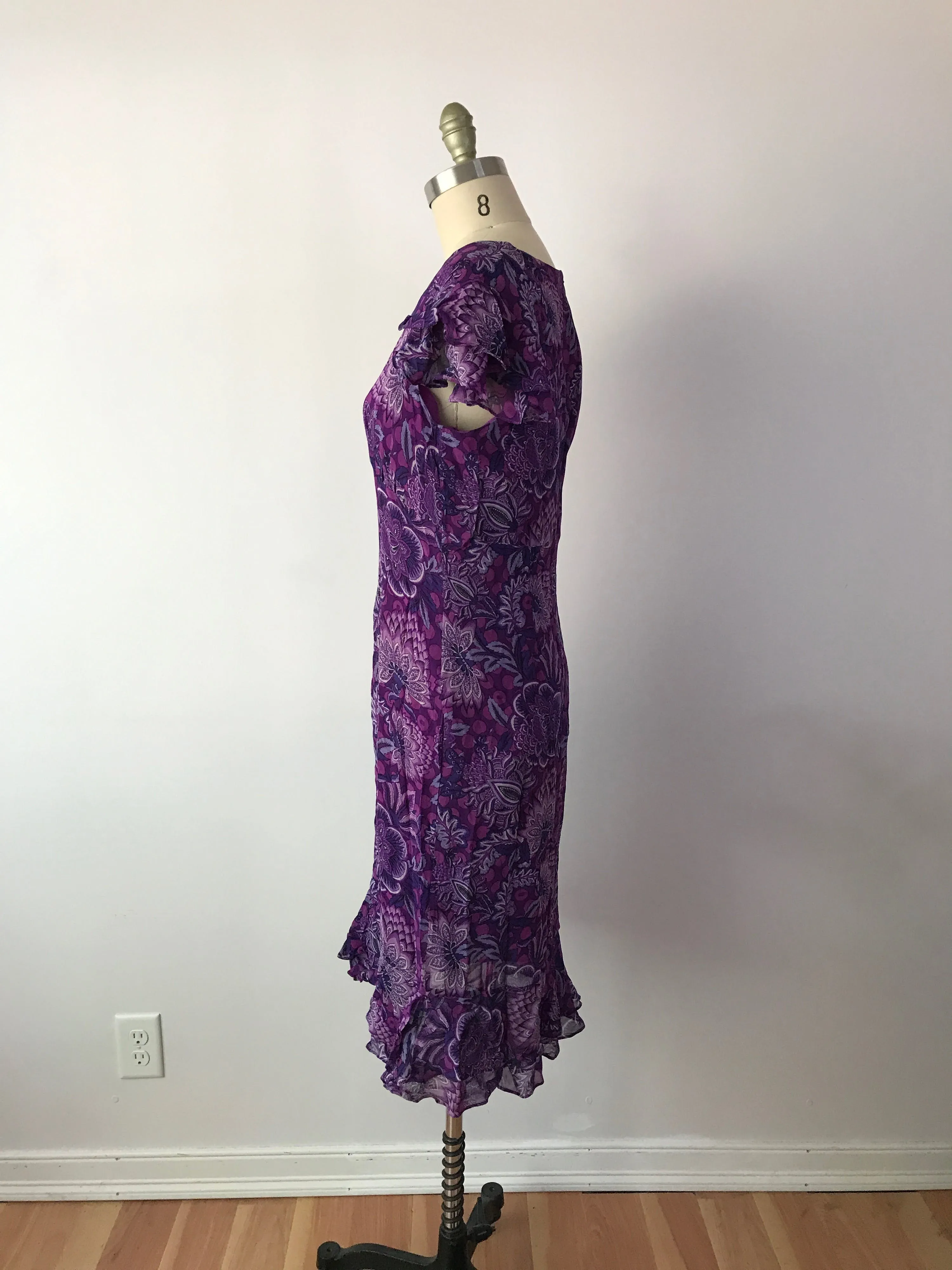 00's Purple Silk Paisley and Polka Dot Dress by Escada