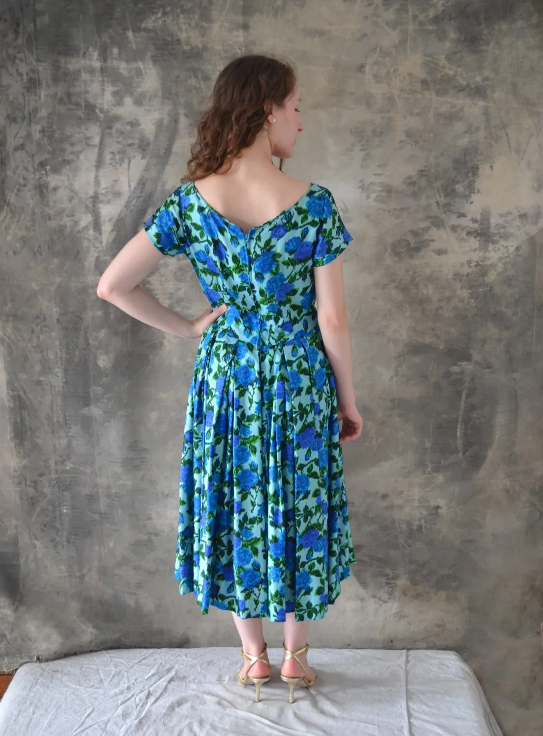 1950s Blue Rose Watercolor Dress
