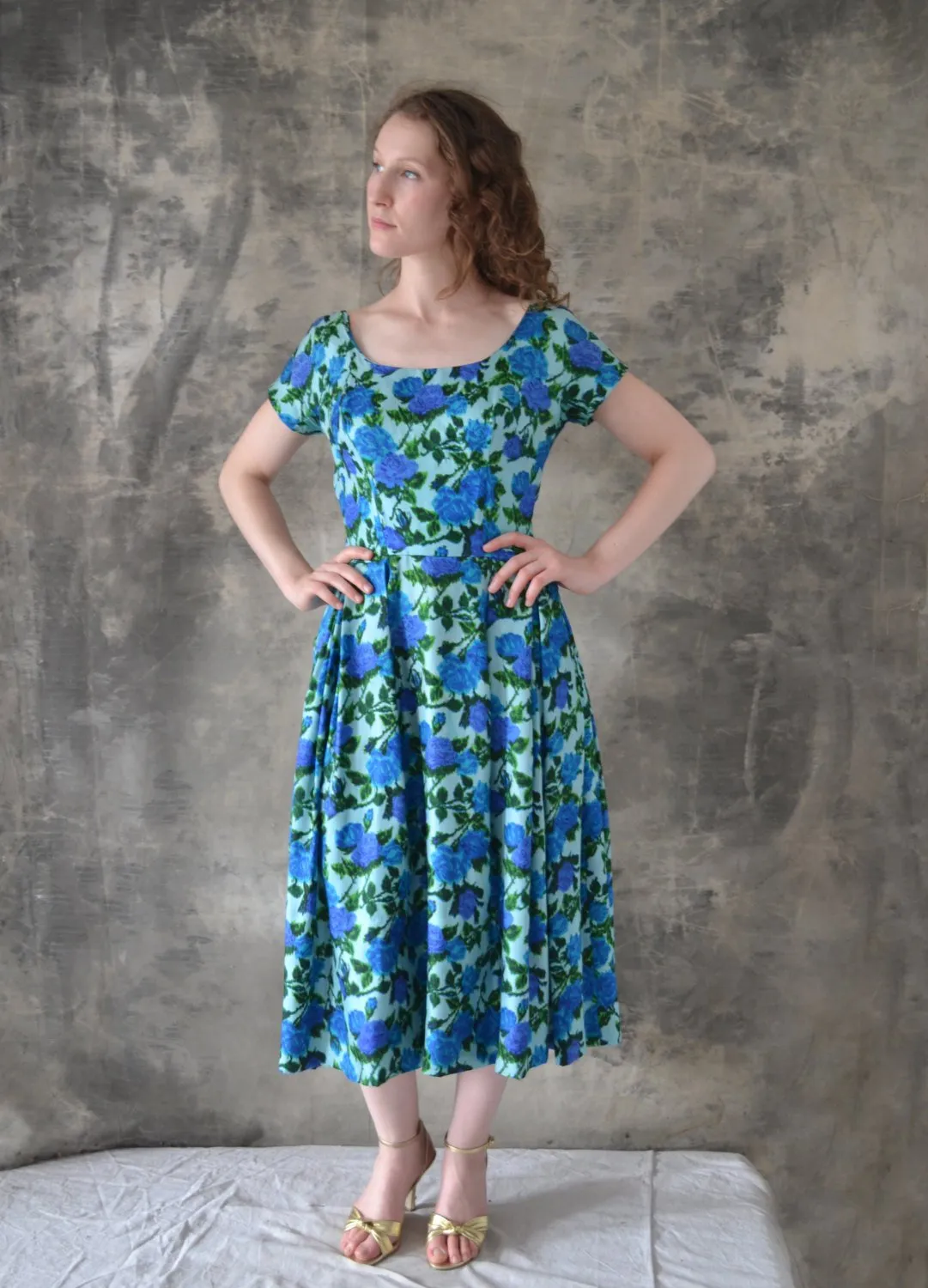 1950s Blue Rose Watercolor Dress