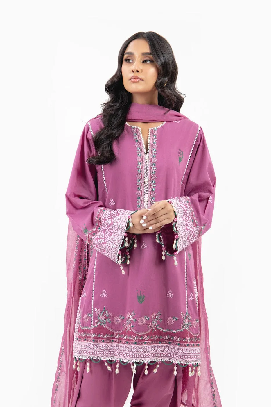 3 Pc Printed Light Cambric Shirt With Dyed Embroidered Chiffon Dupatta