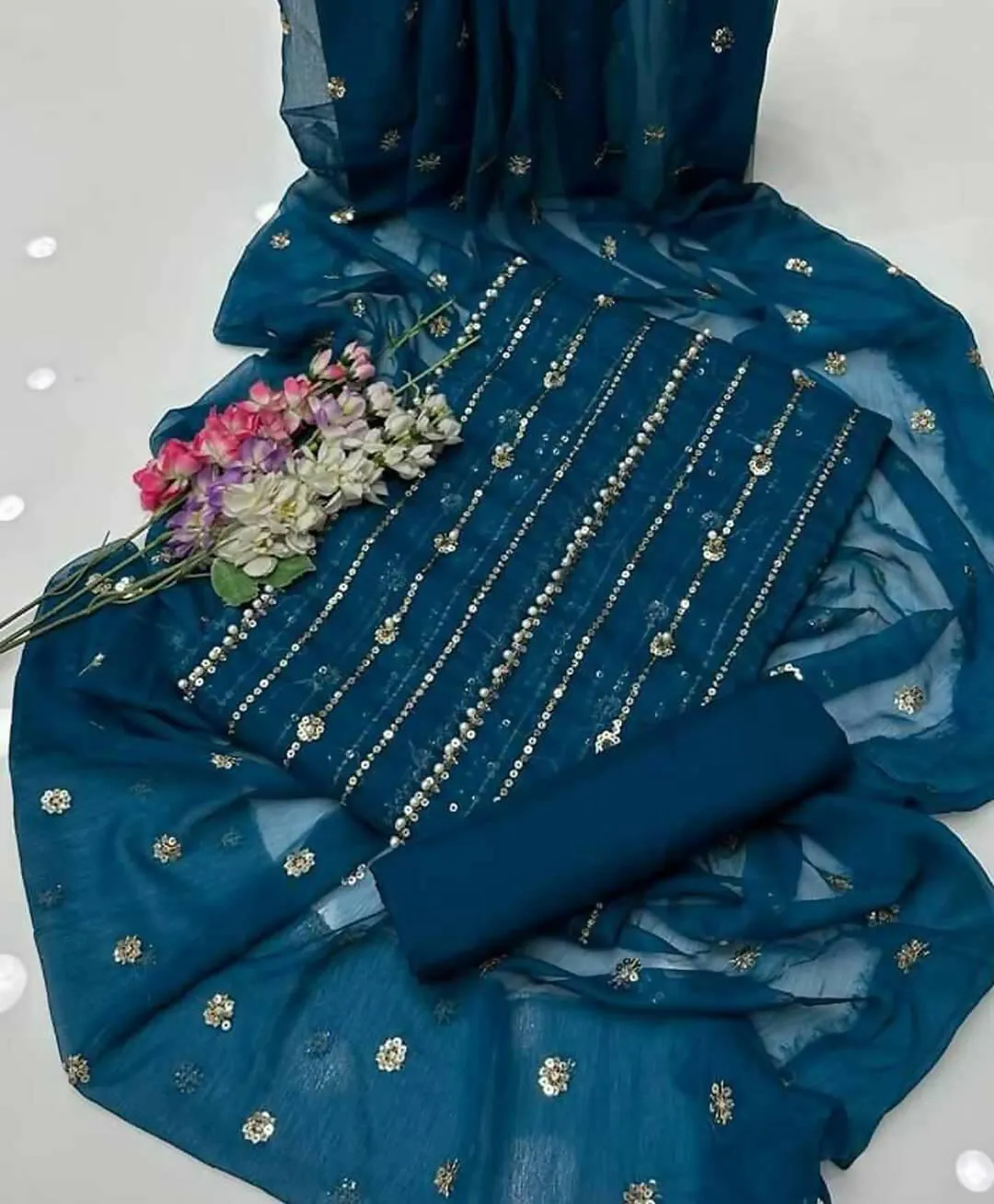 3 PC Unstitched Chiffon Shirt & Dupatta With Kathaan Trouser