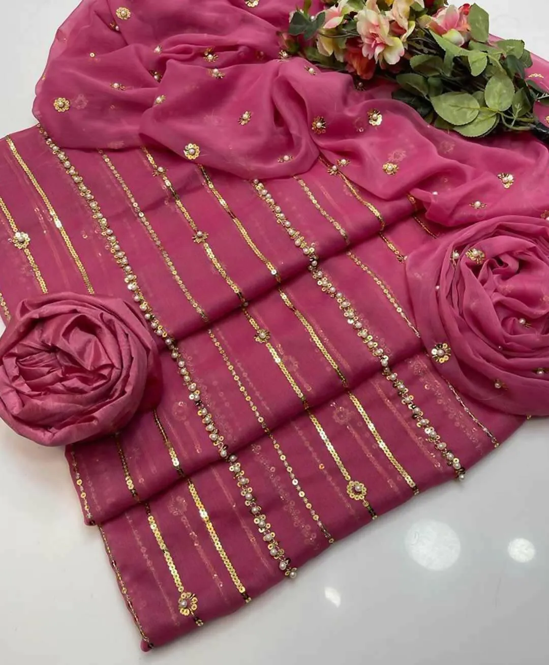 3 PC Unstitched Chiffon Shirt & Dupatta With Kathaan Trouser