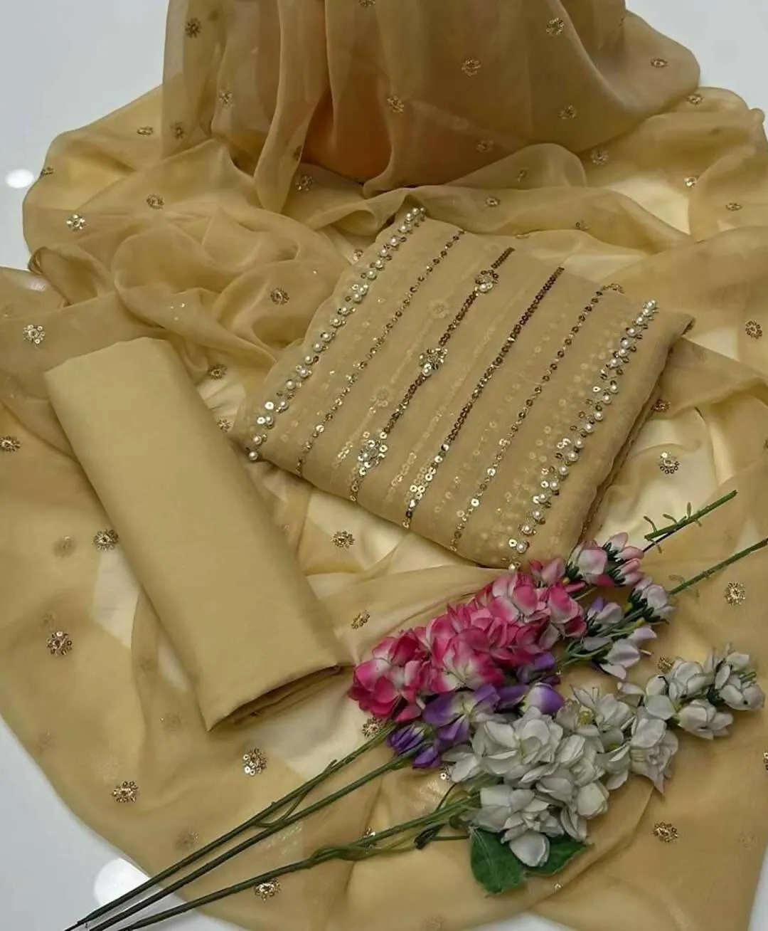 3 PC Unstitched Chiffon Shirt & Dupatta With Kathaan Trouser