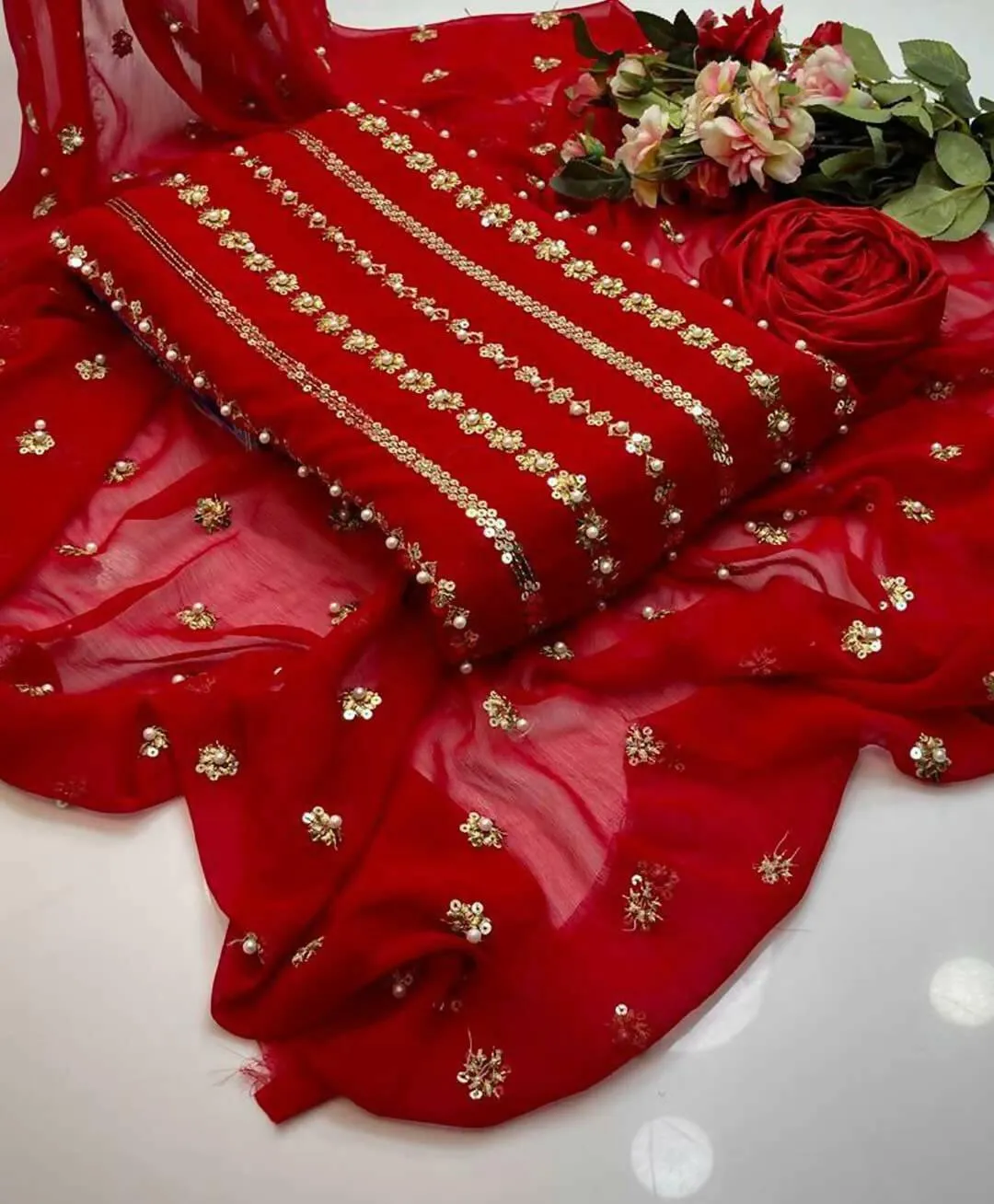 3 PC Unstitched Chiffon Shirt & Dupatta With Kathaan Trouser