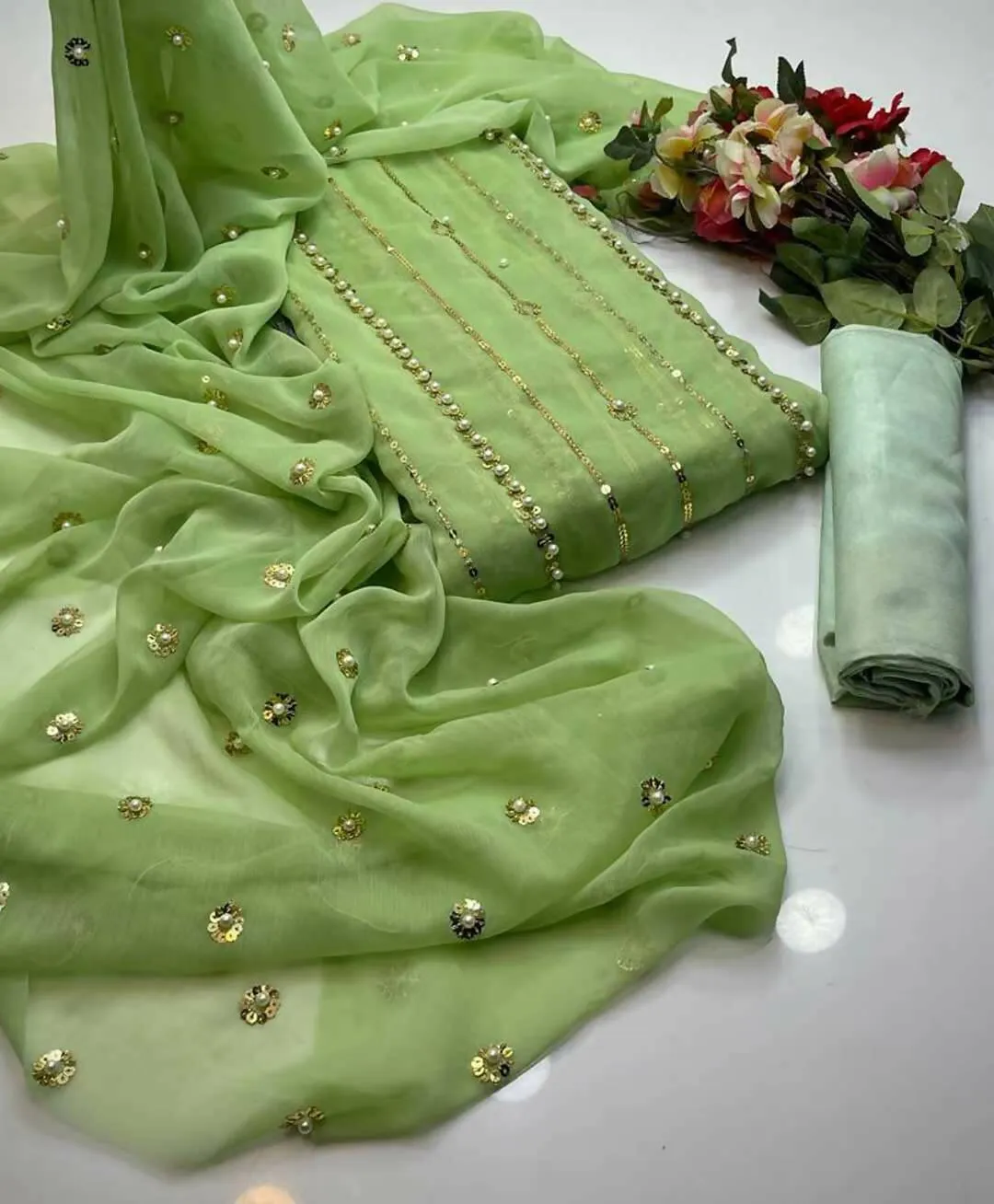 3 PC Unstitched Chiffon Shirt & Dupatta With Kathaan Trouser