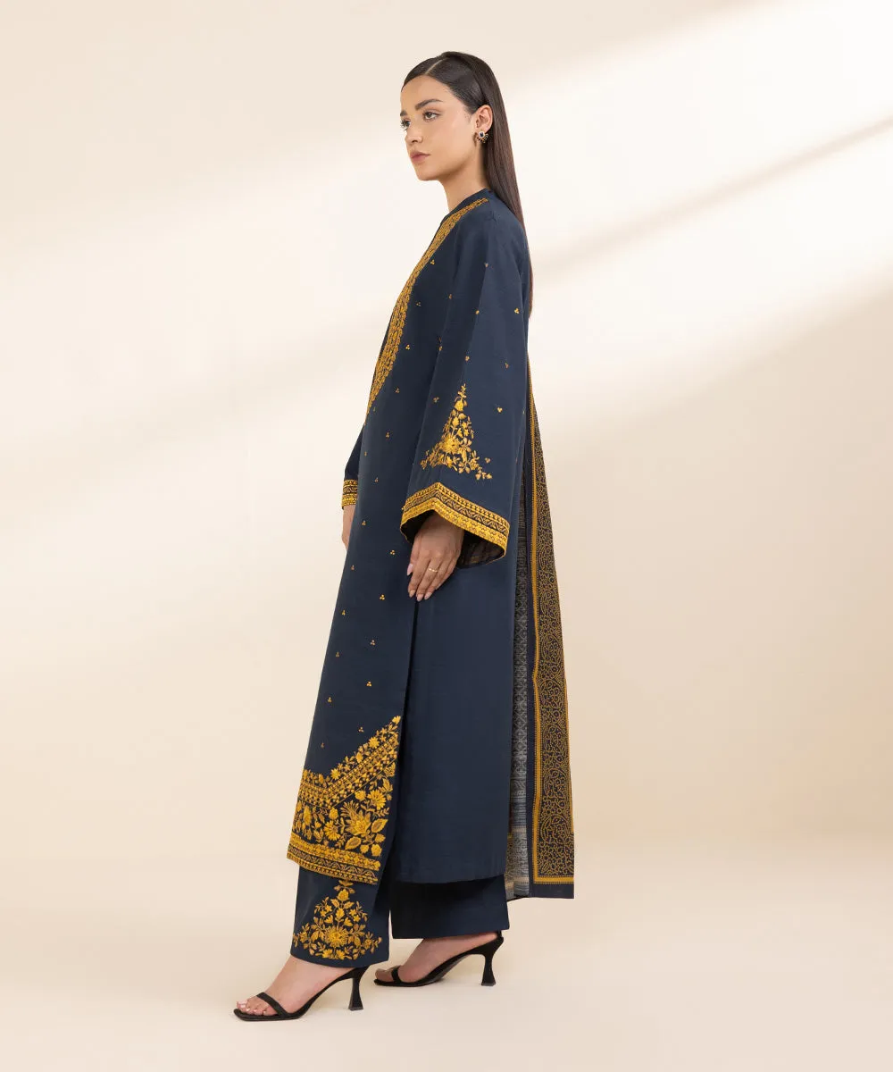 3-Piece Embroidered Khaddar Suit with Detailed Embellishments