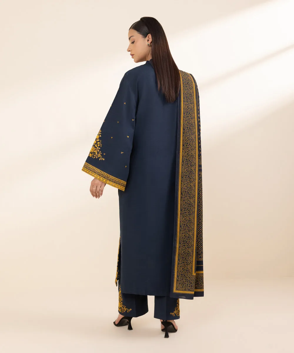 3-Piece Embroidered Khaddar Suit with Detailed Embellishments