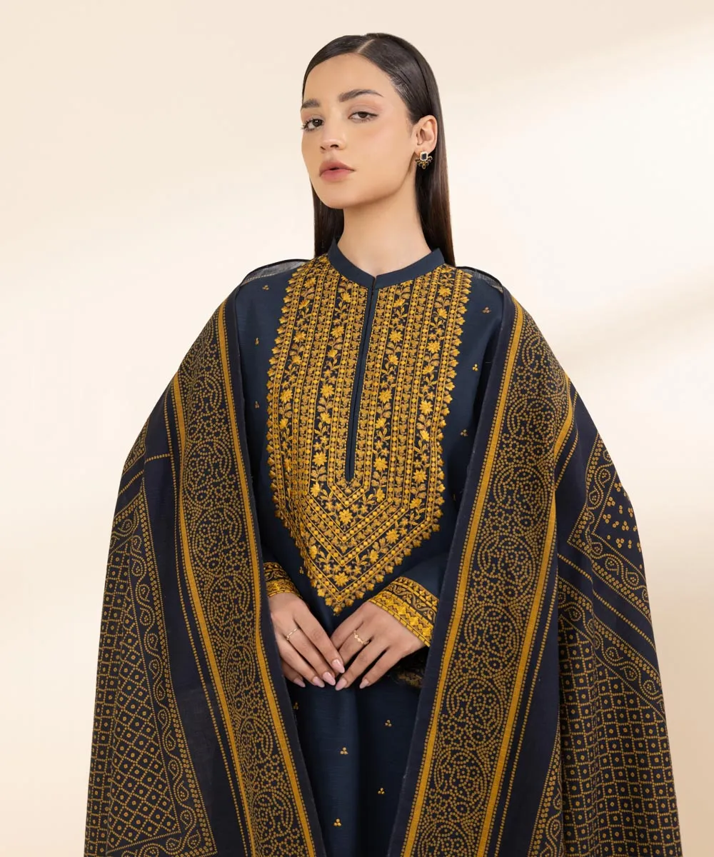 3-Piece Embroidered Khaddar Suit with Detailed Embellishments