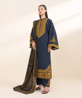 3-Piece Embroidered Khaddar Suit with Detailed Embellishments