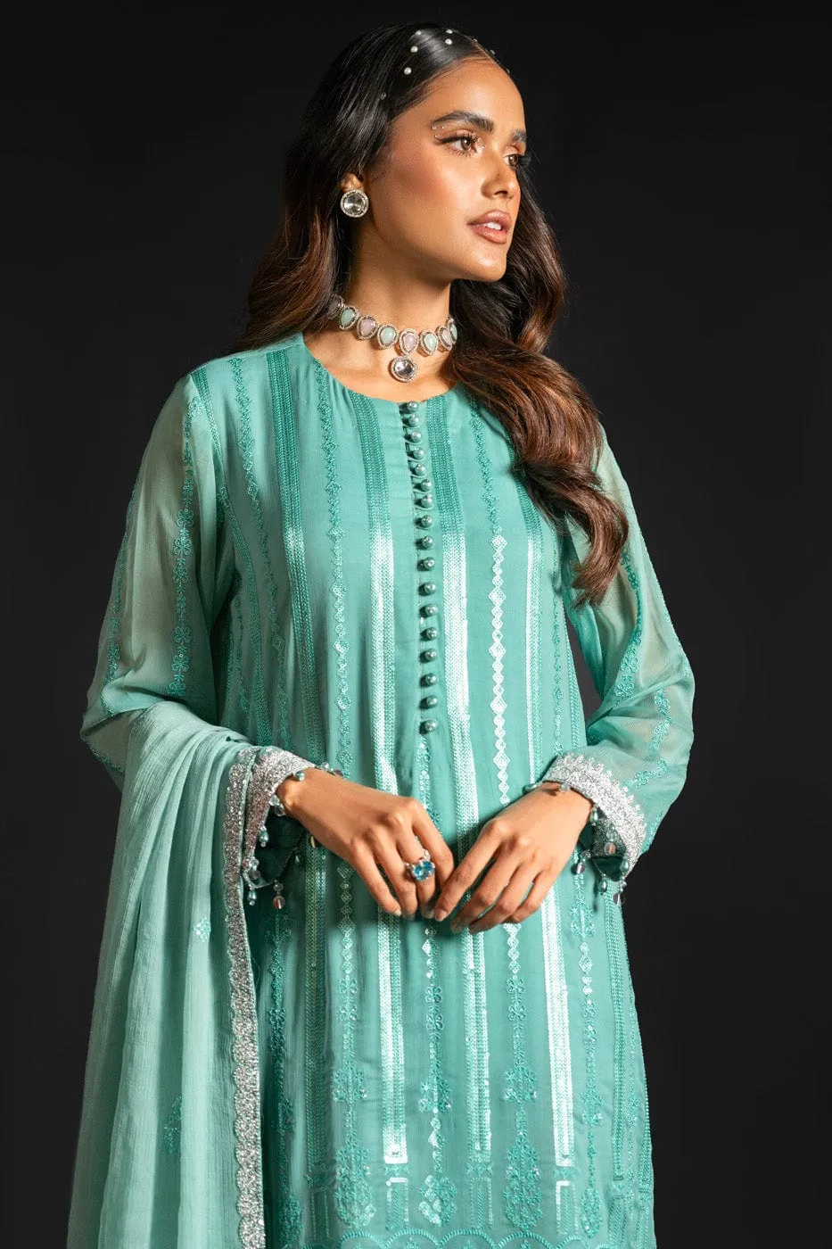4 Pc Embroidered Chiffon Suit With Chiffon Dupatta