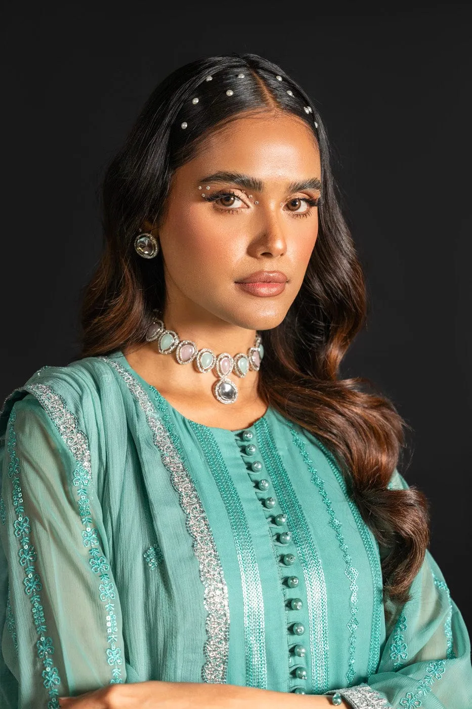 4 Pc Embroidered Chiffon Suit With Chiffon Dupatta