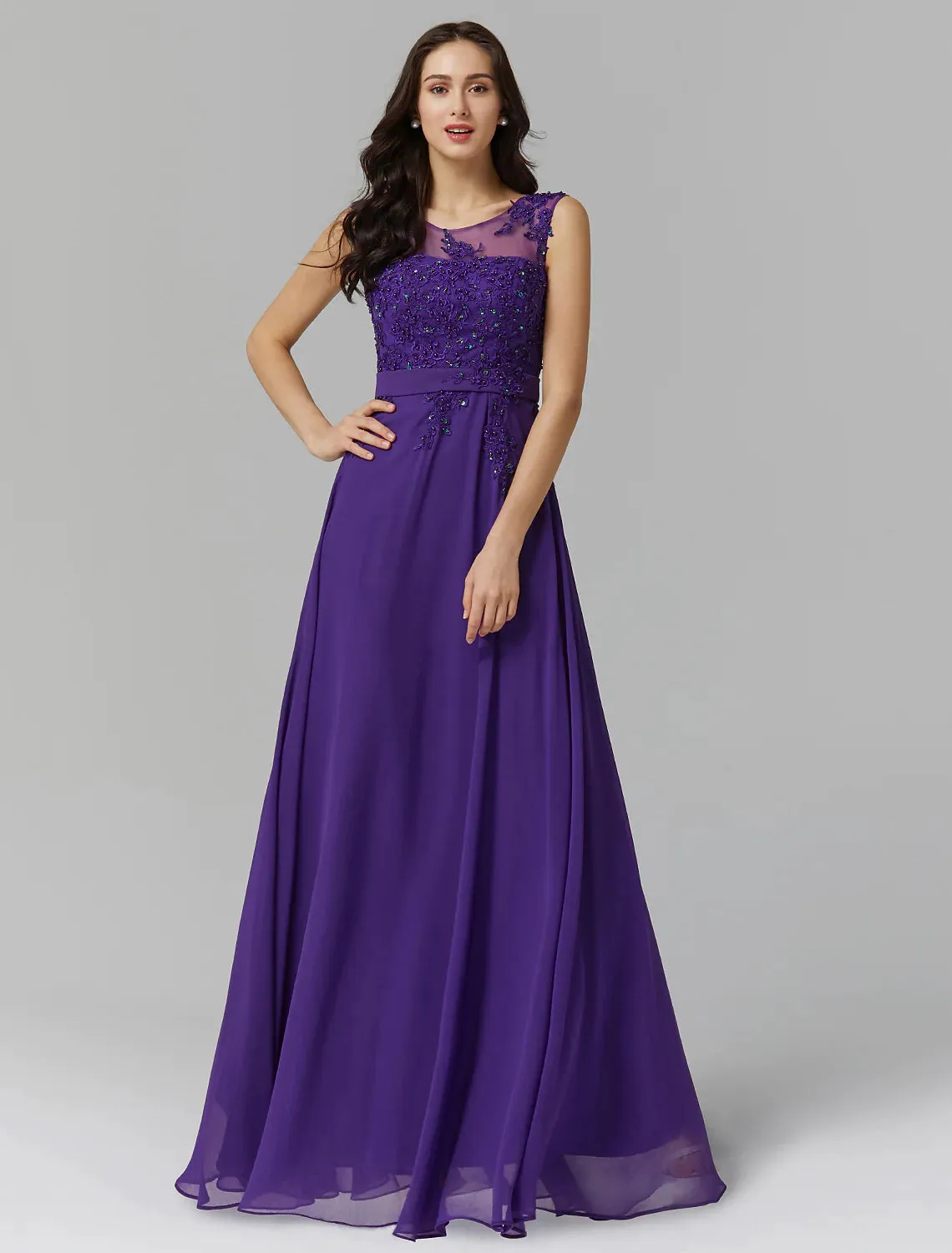A-Line Chinese Style Dress Wedding Guest Floor Length Sleeveless Illusion Neck Chiffon V Back with Beading Appliques