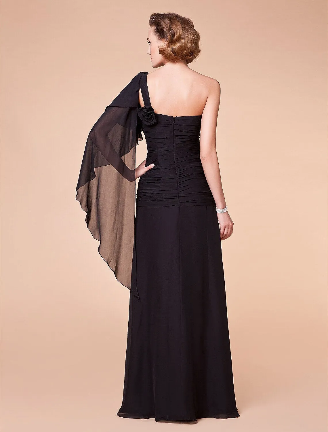 A-Line Mother of the Bride Dress Floral One Shoulder Floor Length Chiffon Sleeveless with Criss Cross Side Draping Flower