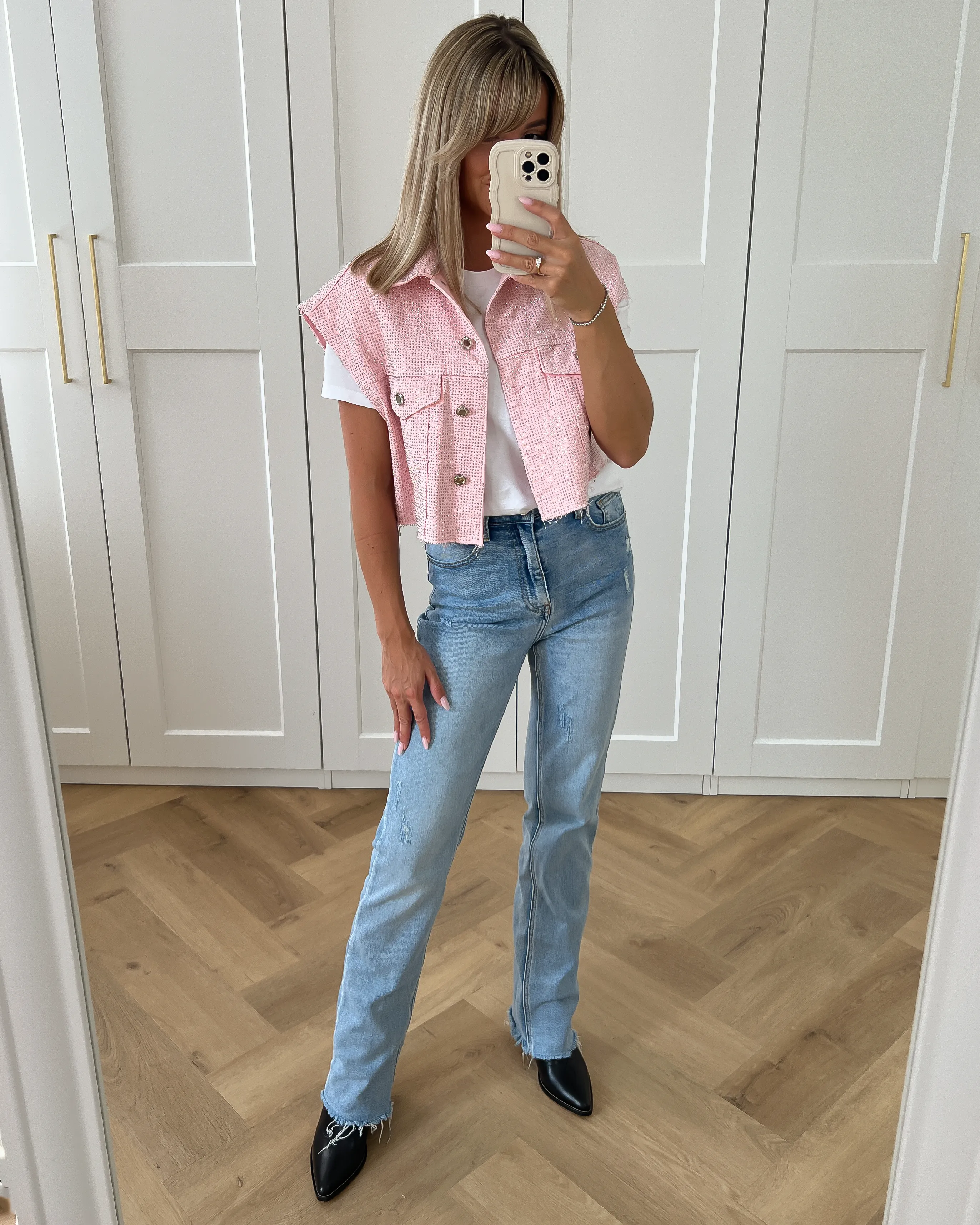 ABIGAIL - Embellished Denim Cropped Waistcoat in Pink