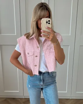 ABIGAIL - Embellished Denim Cropped Waistcoat in Pink