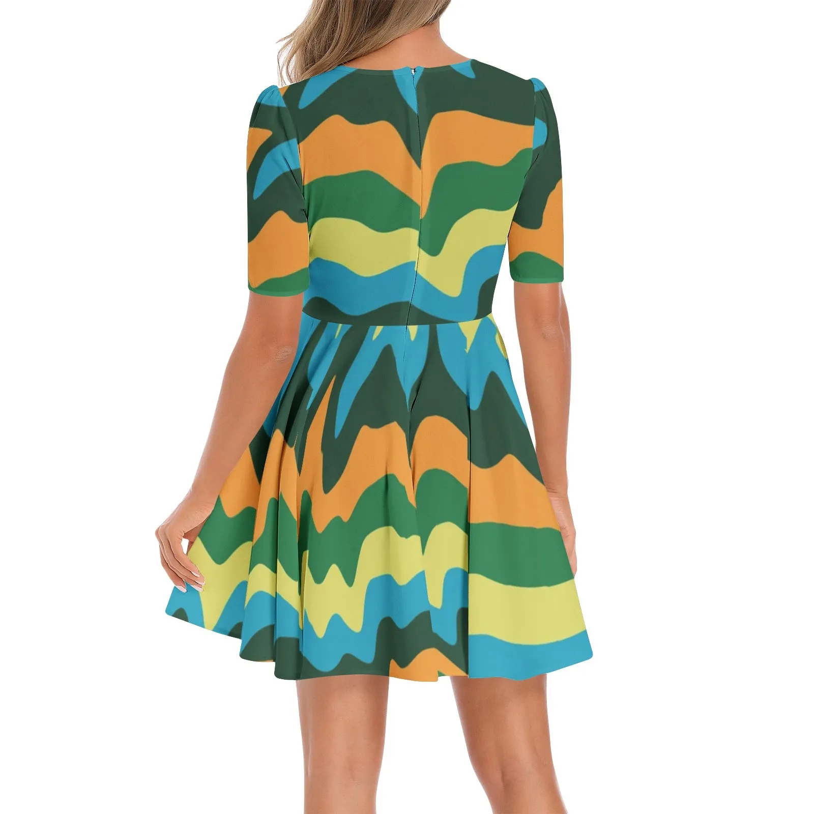 Abstract Colors Short Sleeve Ruched Bust Flared Hem Dress
