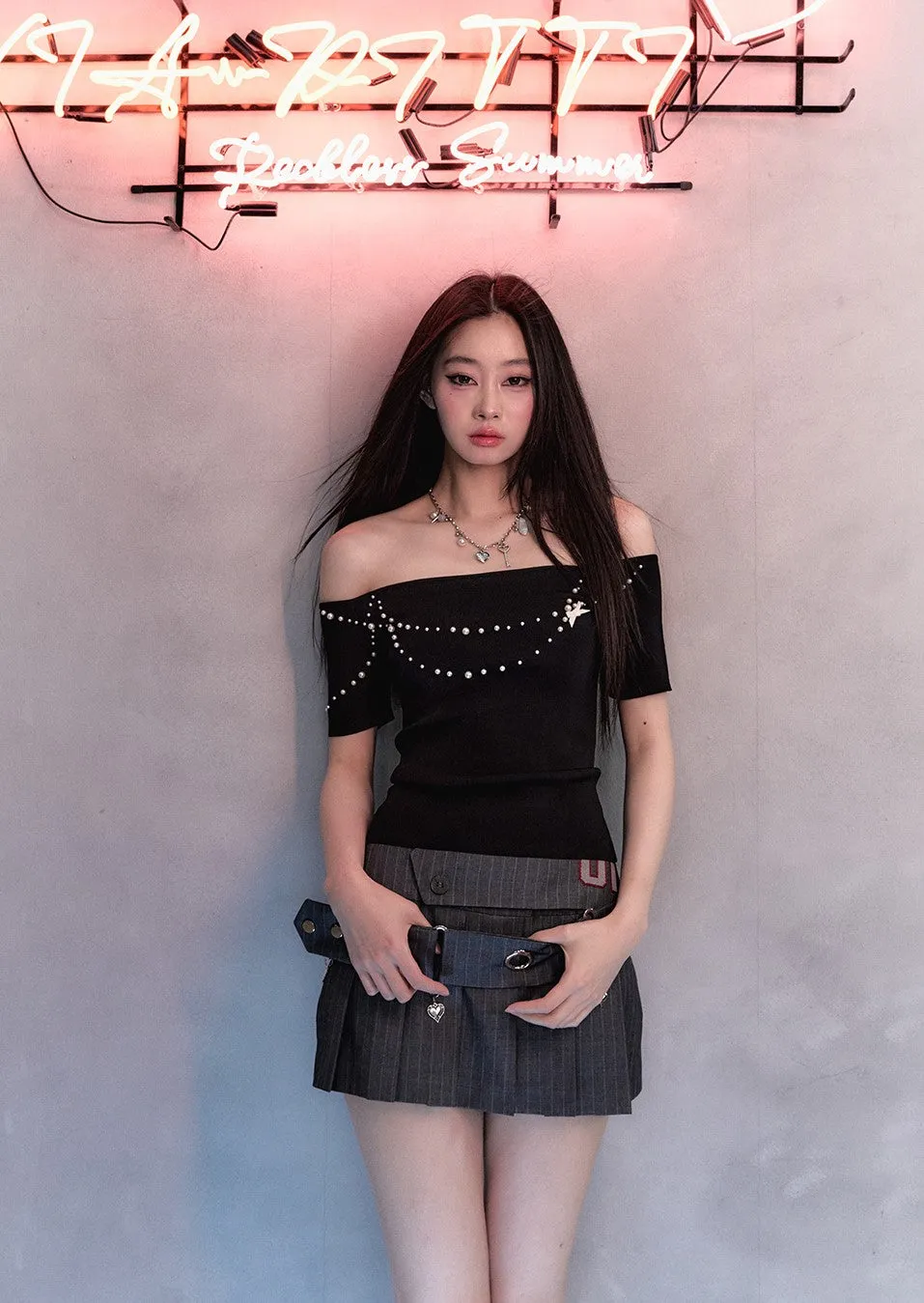 All-match Slim Casual Pleated Short Skirt/Belt VIA0130