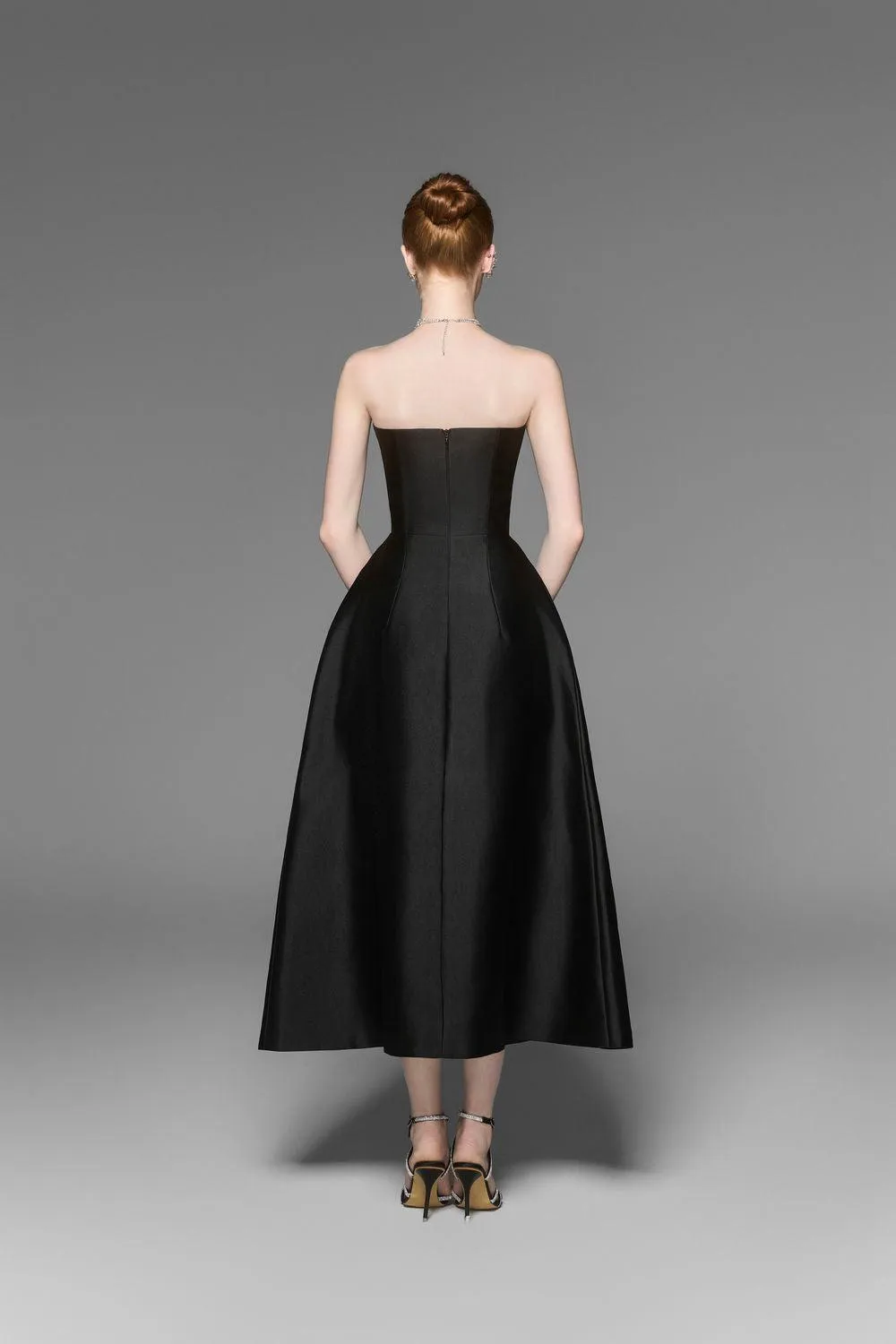 Almira Strapless Pleated Chest Taffeta Midi Dress