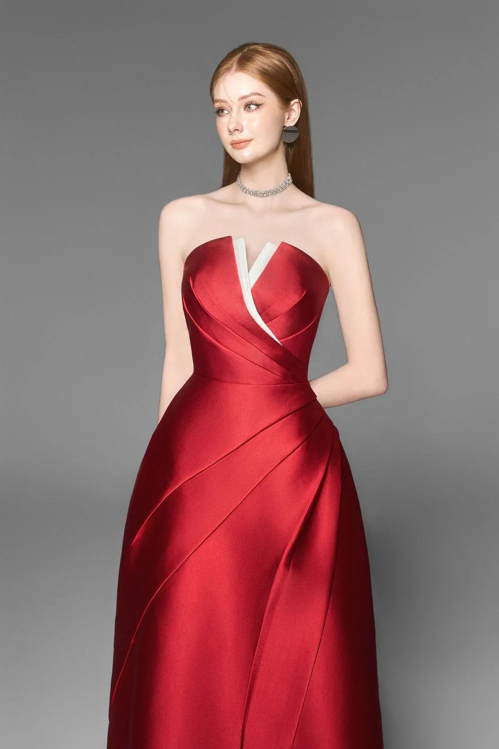 Almira Strapless Pleated Chest Taffeta Midi Dress