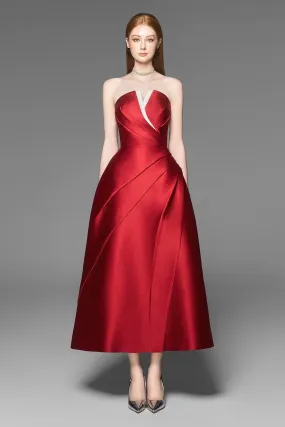 Almira Strapless Pleated Chest Taffeta Midi Dress