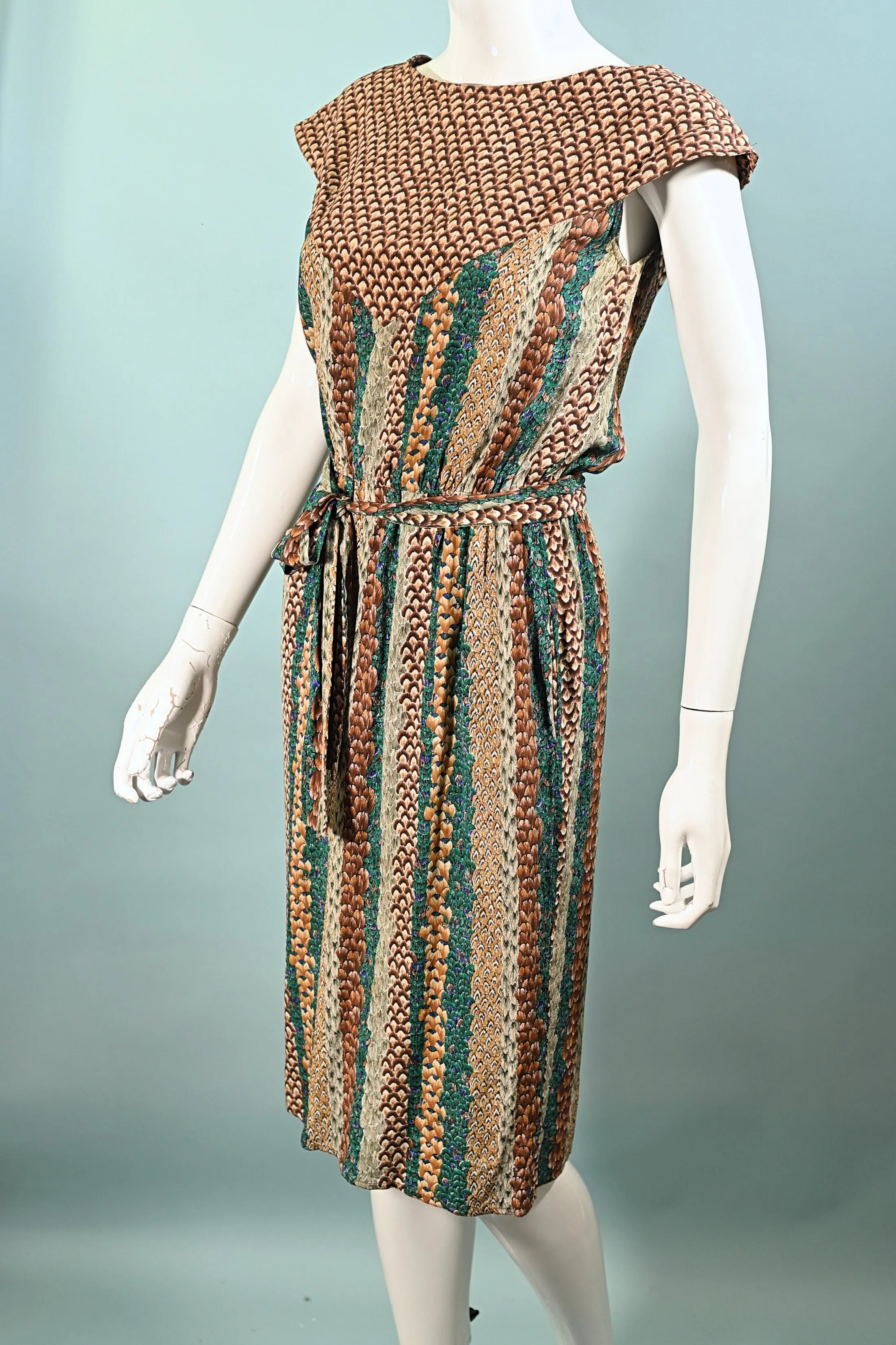 Argenti Vintage 70s Silk Dress, Feather Print Sheath Dress S