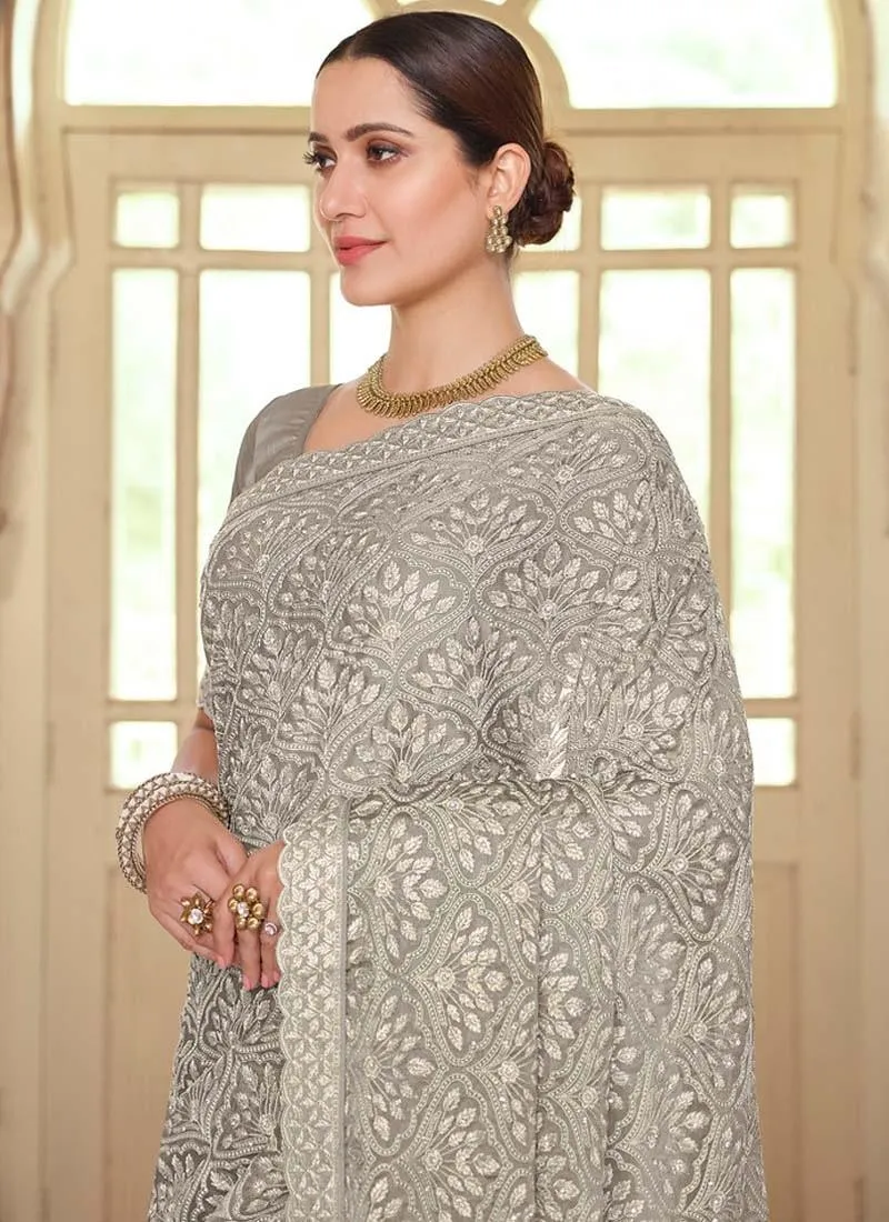 Artistic Grey Color Resham Work Chiffon Fabric Occasion Wear Saree