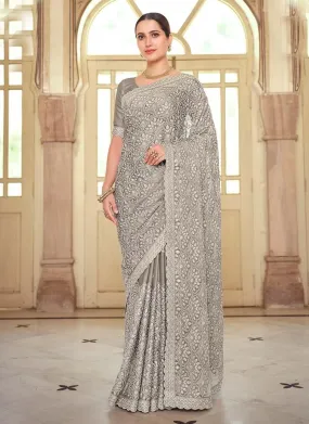 Artistic Grey Color Resham Work Chiffon Fabric Occasion Wear Saree