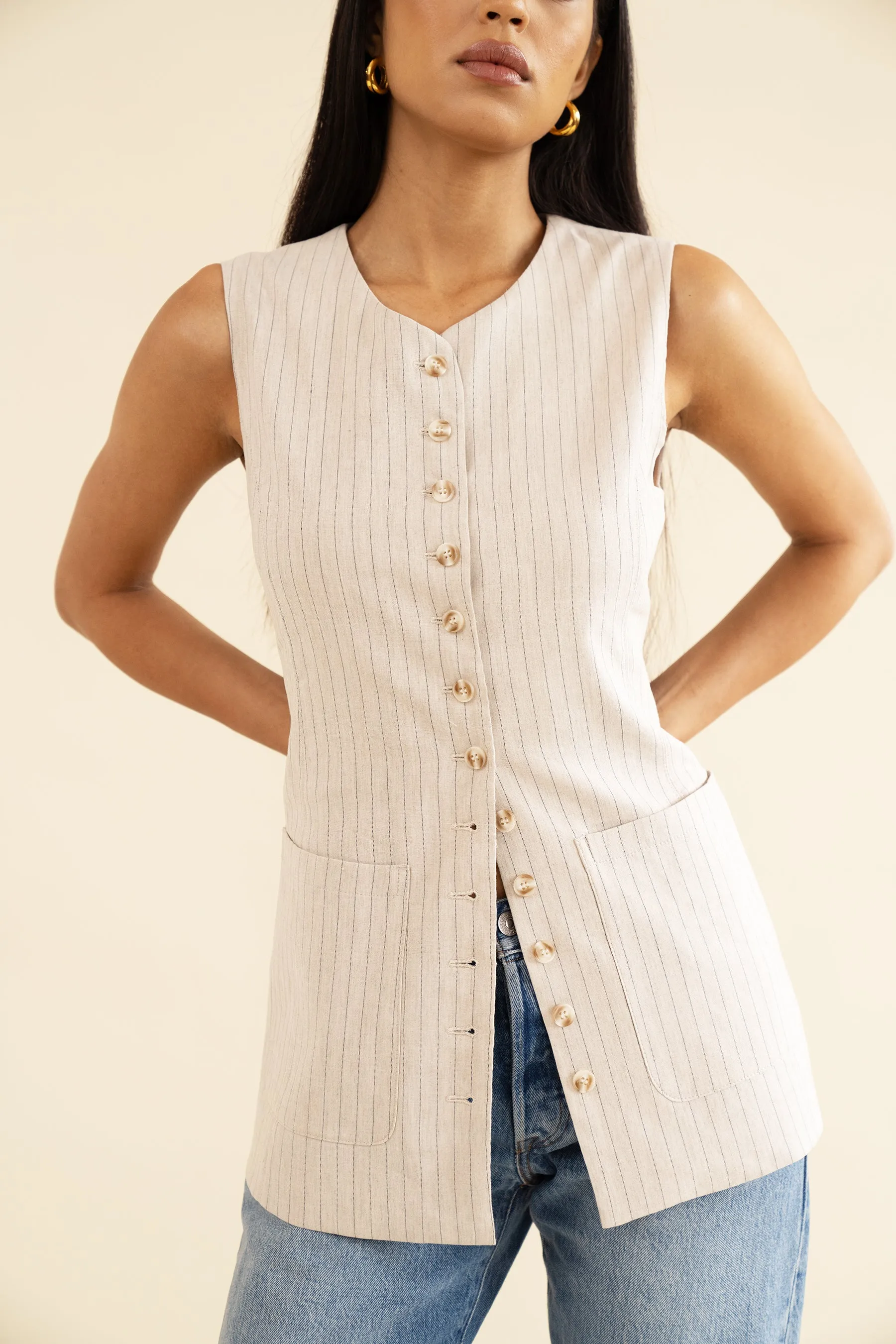 AVA WAISTCOAT - OAT PINSTRIPE