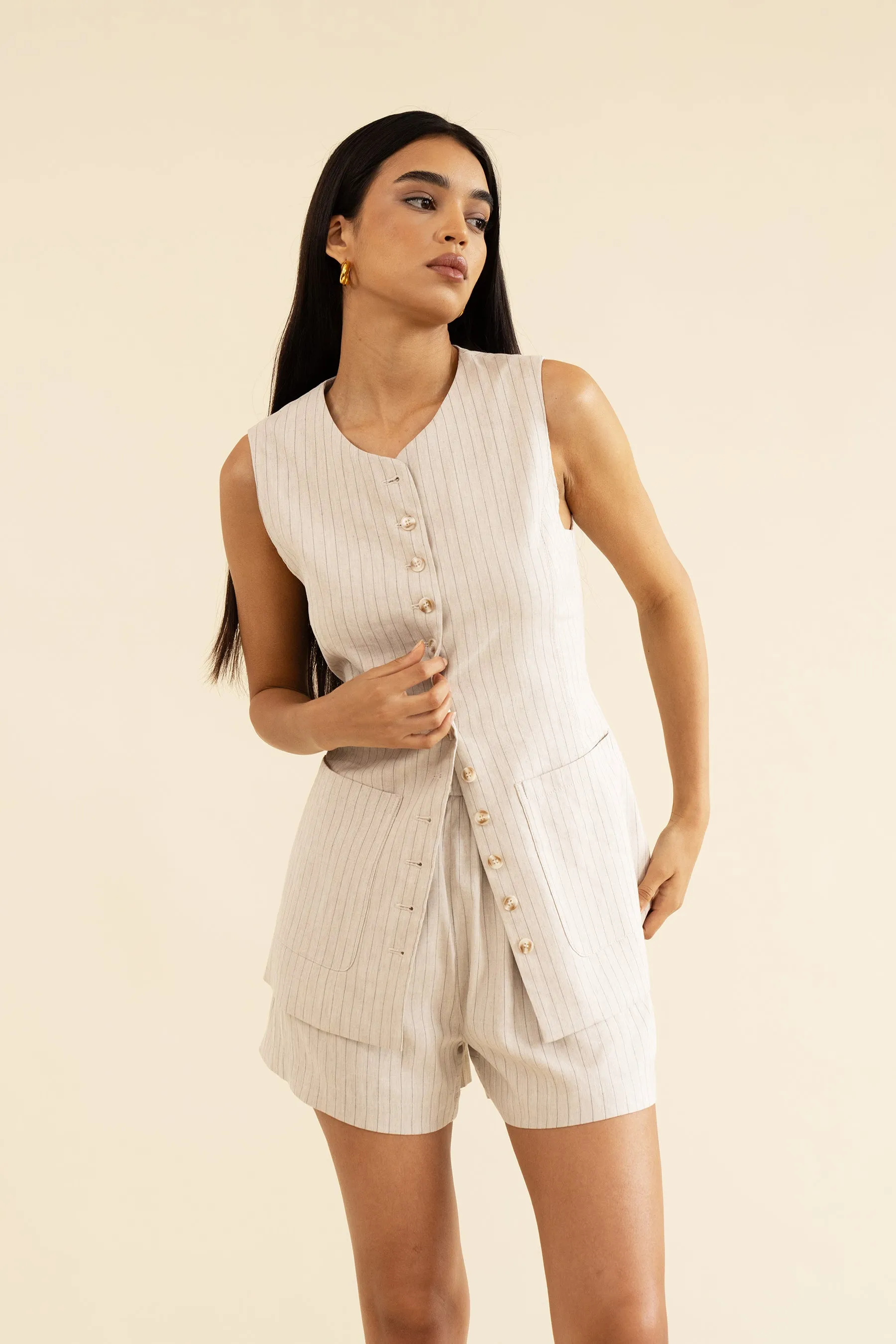 AVA WAISTCOAT - OAT PINSTRIPE