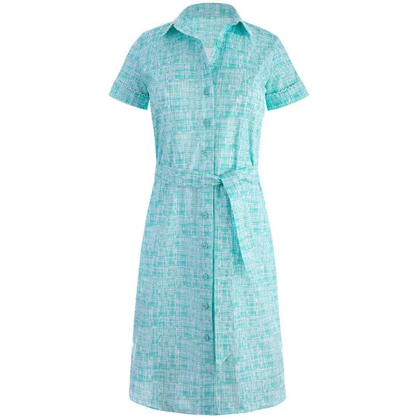 Belted Shirt Dress with Trim in Turquoise Tweed