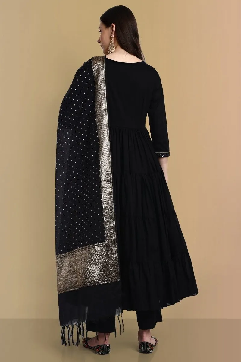 Black Cotton Chanderi Graduated Angrakha Style - Set of 3