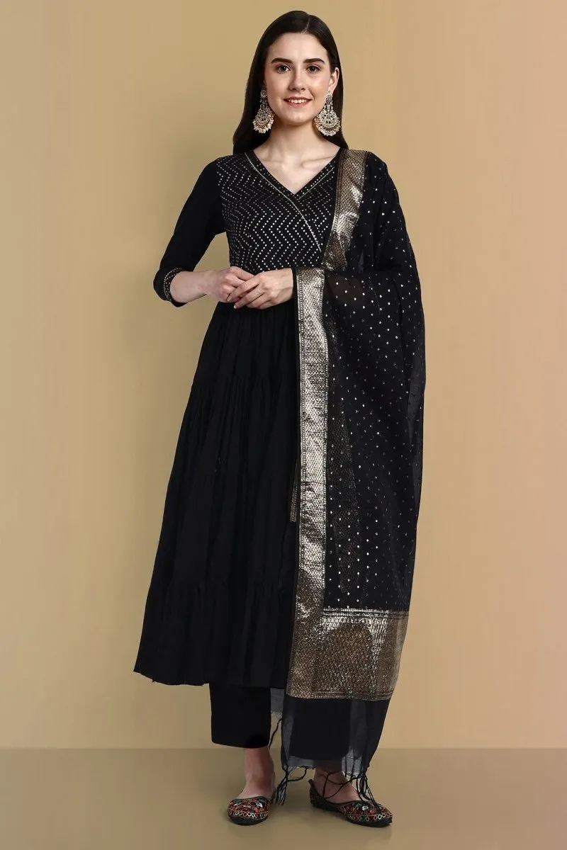 Black Cotton Chanderi Graduated Angrakha Style - Set of 3