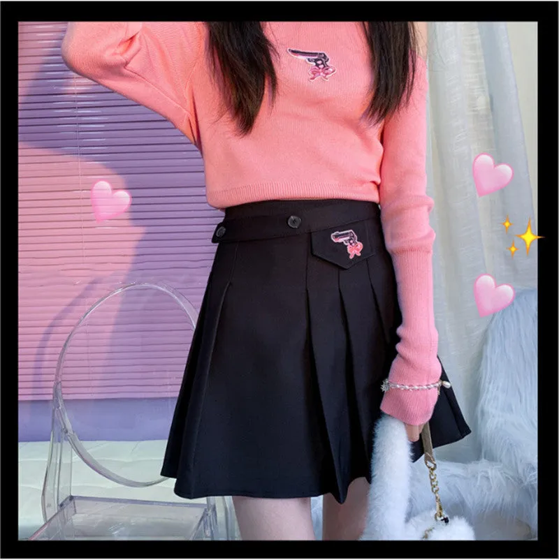 Stylish Black Pleated Skirt with Elegant Embroidery Detail - Product Code PL52273