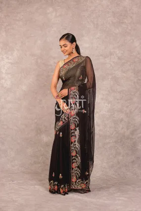 Elegant Black Viscose Chiffon Saree with Intricate Aari Resham Embroidery