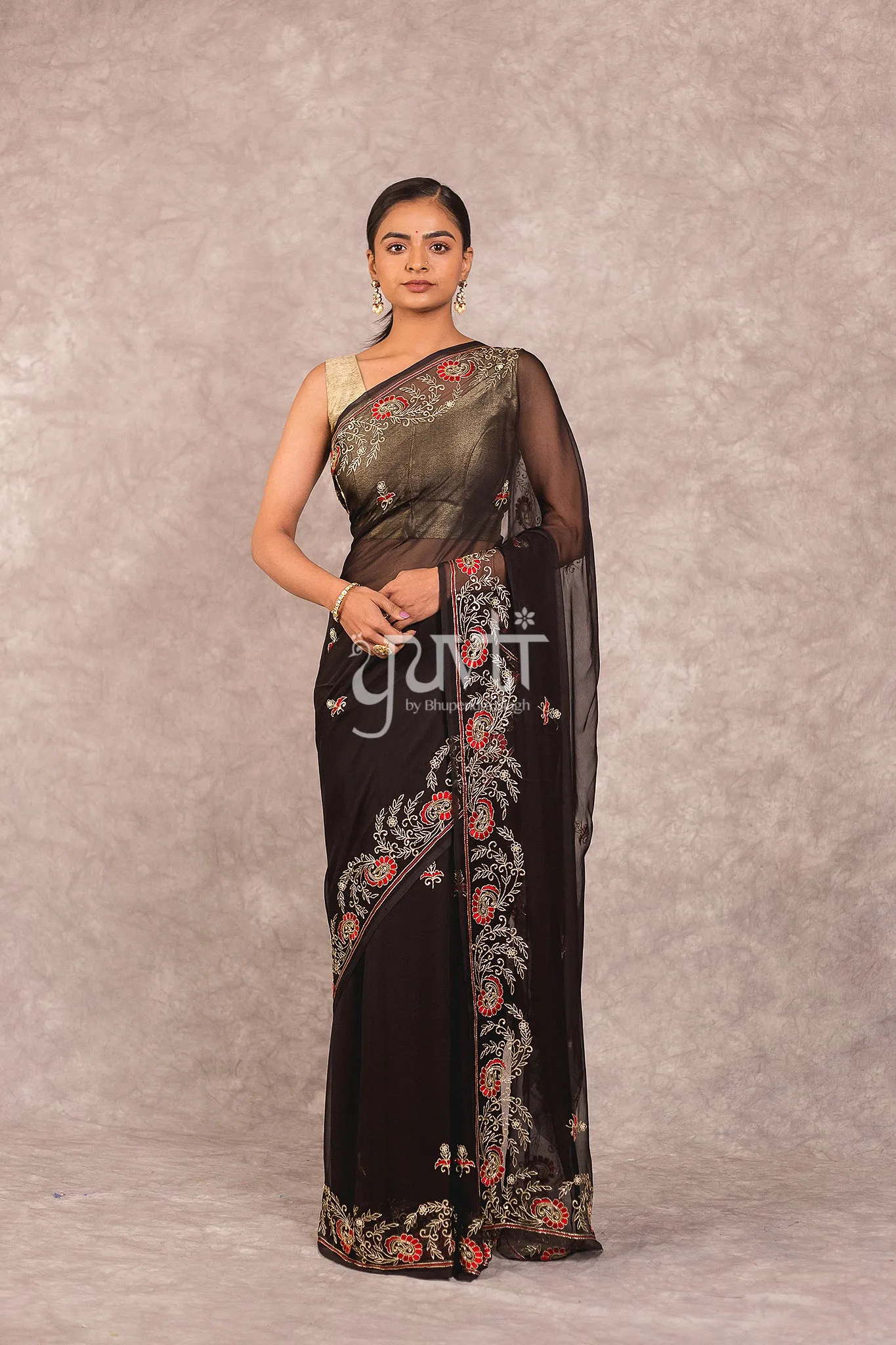 Elegant Black Viscose Chiffon Saree with Intricate Aari Resham Embroidery