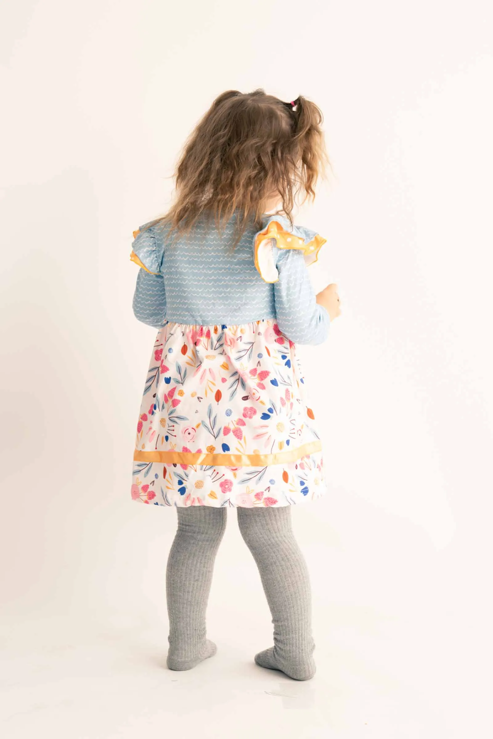 Blue floral print ruffle girl dress