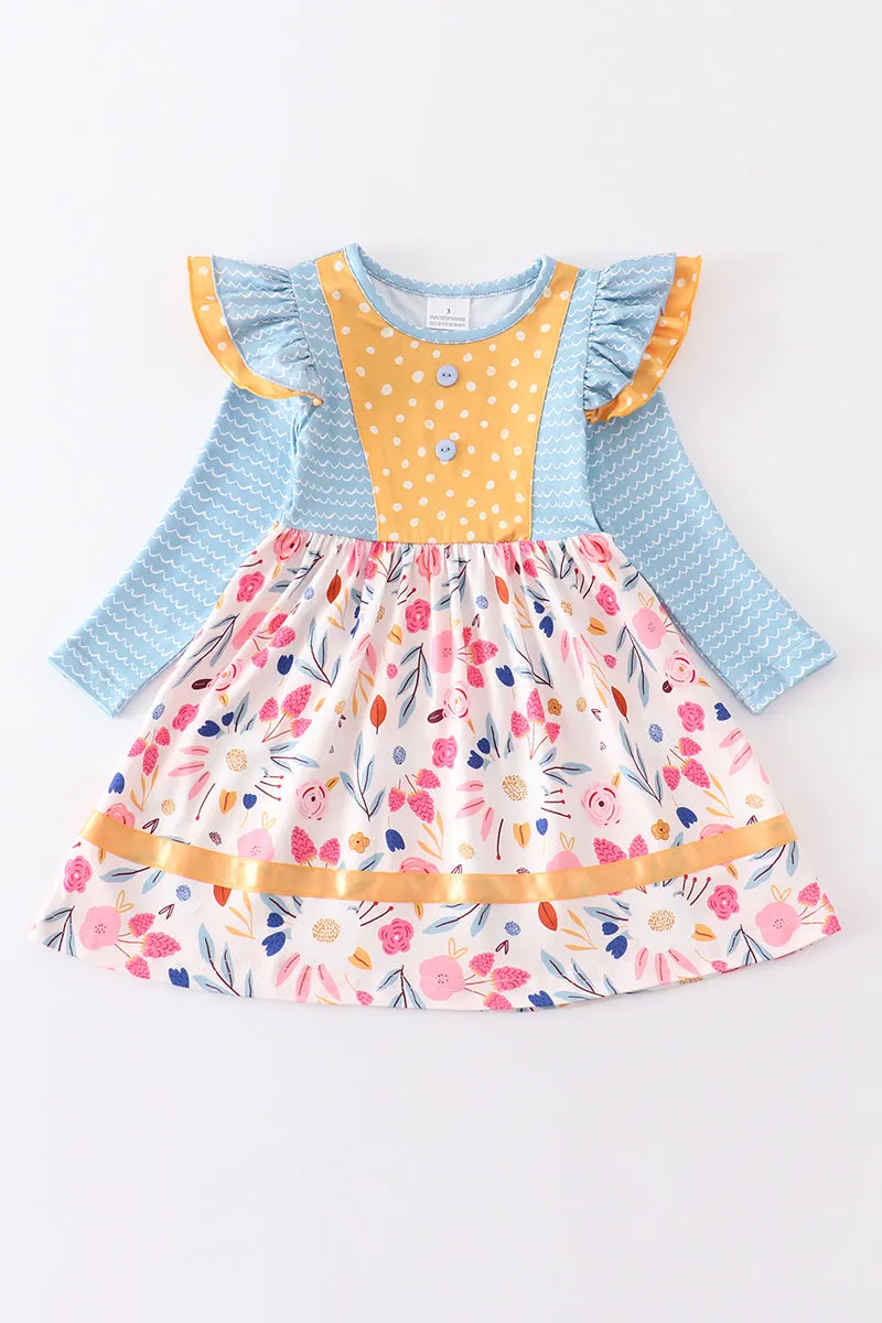 Blue floral print ruffle girl dress