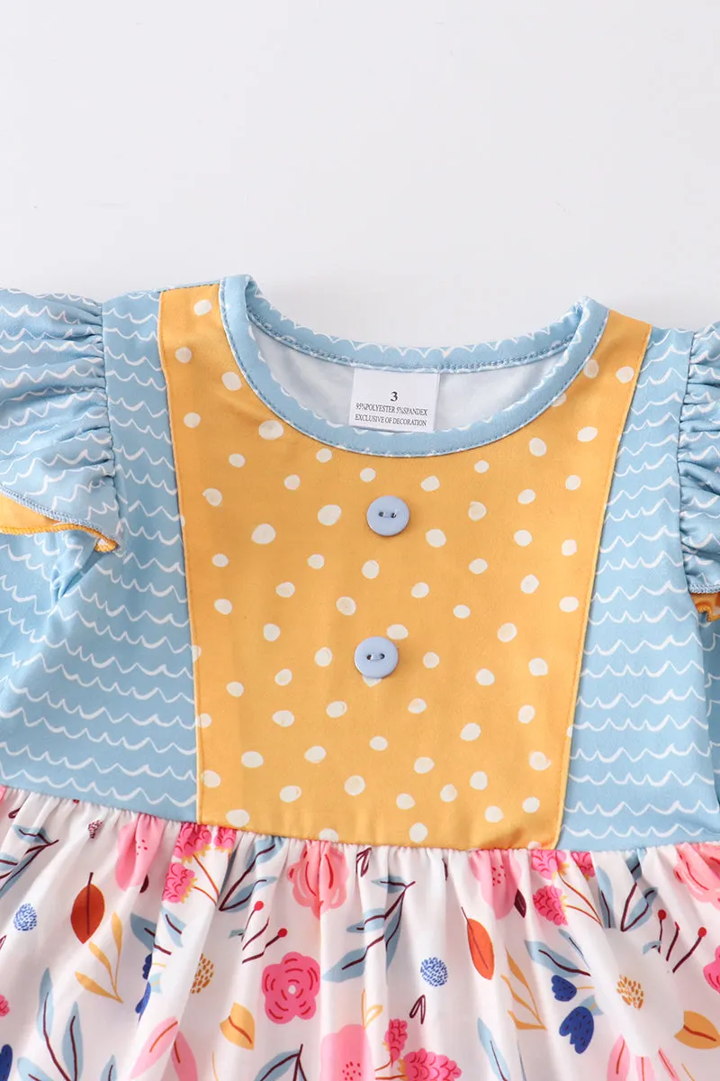 Blue floral print ruffle girl dress