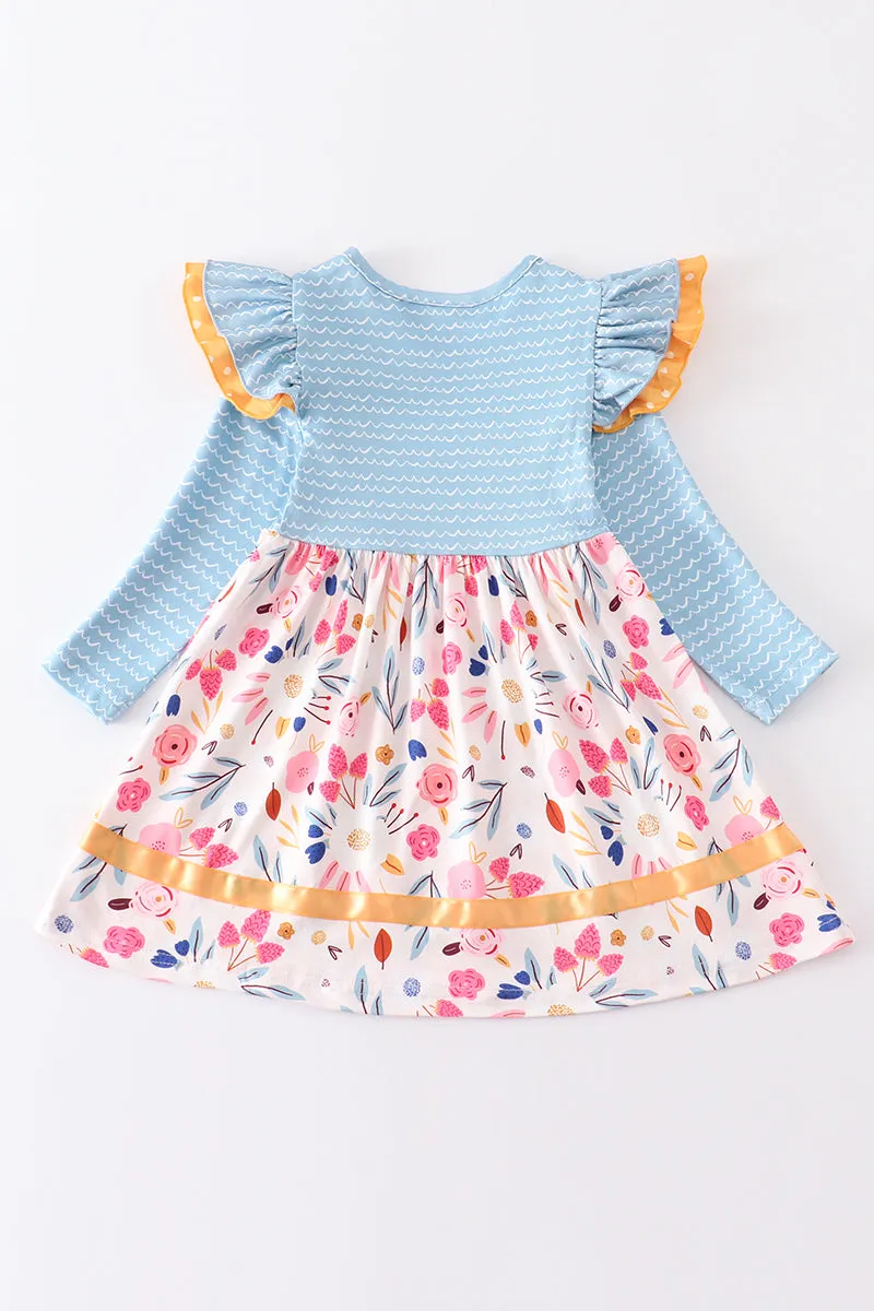 Blue floral print ruffle girl dress