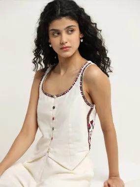 Ivory Printed Cotton Waistcoat-Style Top by Bombay Paisley