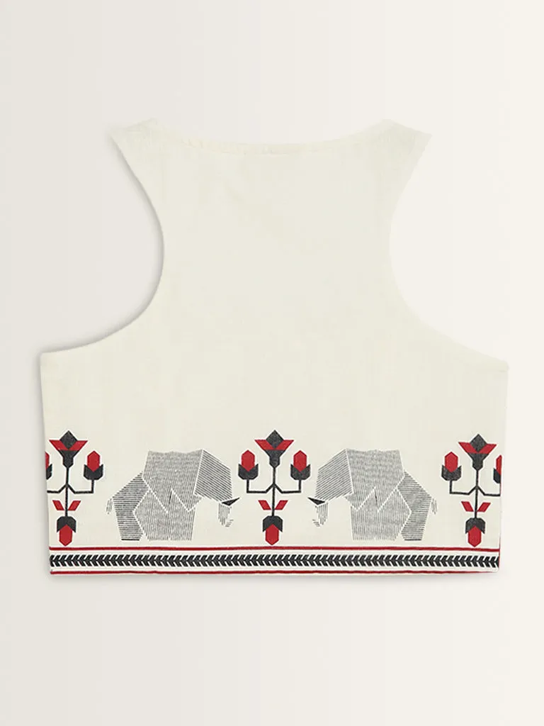 Ivory Printed Cotton Waistcoat-Style Top by Bombay Paisley