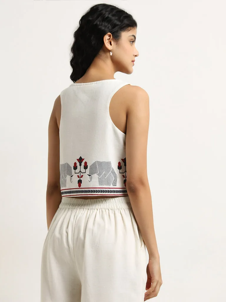 Ivory Printed Cotton Waistcoat-Style Top by Bombay Paisley