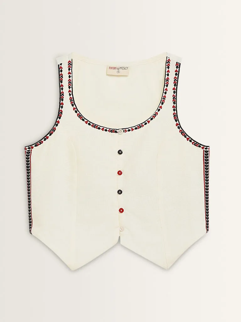 Ivory Printed Cotton Waistcoat-Style Top by Bombay Paisley