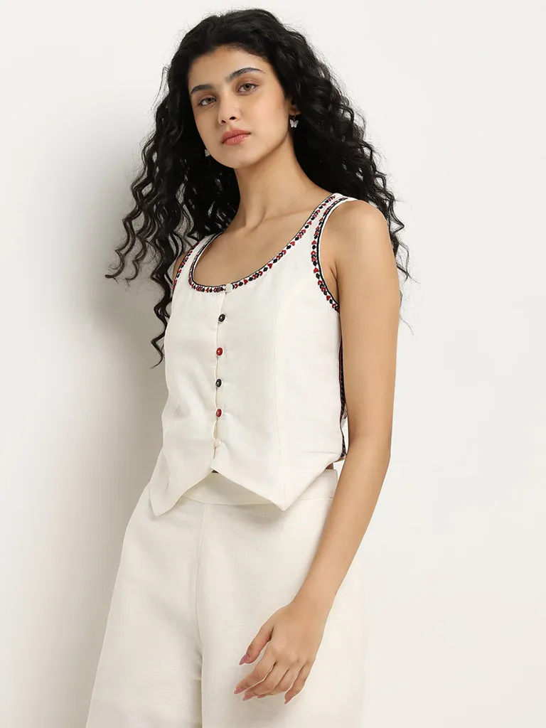 Ivory Printed Cotton Waistcoat-Style Top by Bombay Paisley