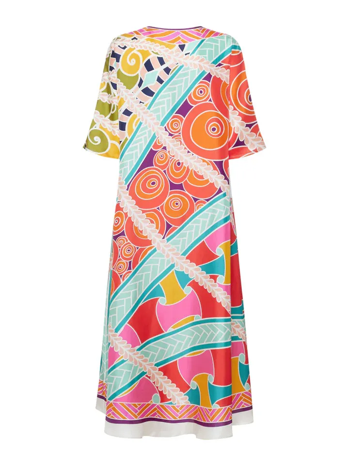 Colorful Printed Silk V-Neck Dress