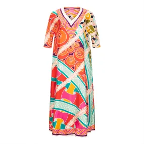 Colorful Printed Silk V-Neck Dress